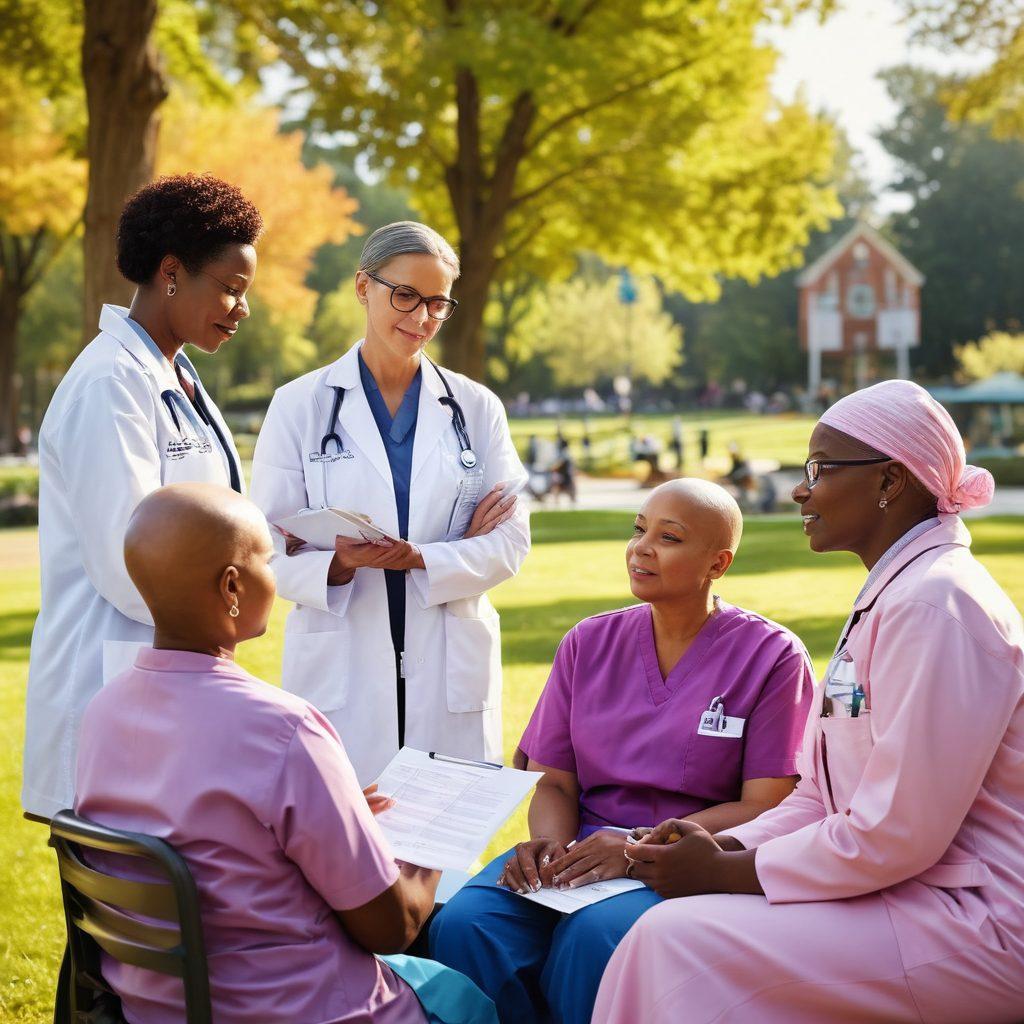 A comforting scene depicting a diverse group of healthcare professionals and cancer survivors engaging in a supportive discussion. Include visual elements like medical charts, informative pamphlets, and a backdrop of a sunny park. Convey warmth, hope, and community, emphasizing compassion and understanding in the journey of cancer care and advocacy. vibrant colors. super-realistic.