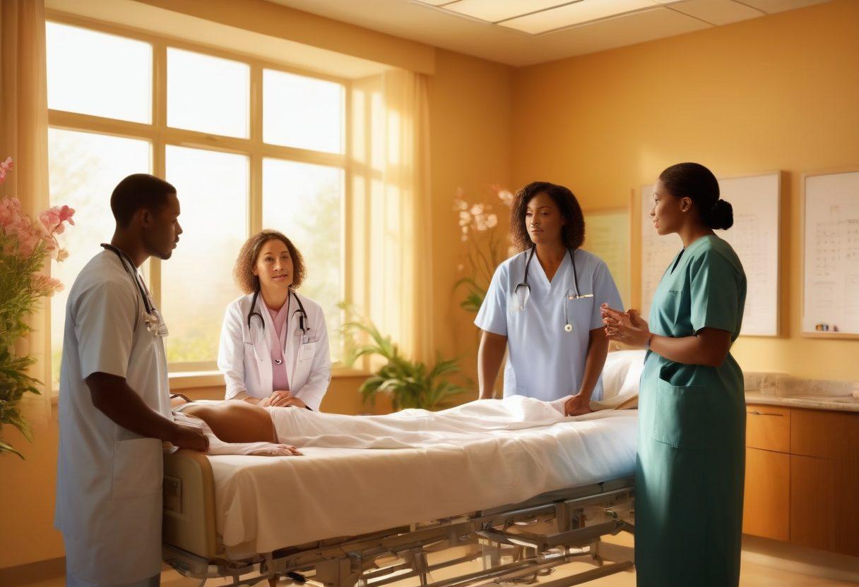 A serene hospital scene depicting diverse medical professionals discussing treatment options with a patient, surrounded by supportive family members. Include symbolism of hope, like a blooming flower or a soft light shining through a window. Illustrate detailed charts and diagrams on a screen in the background representing treatment pathways. warm colors that evoke comfort and trust. super-realistic. vibrant colors.