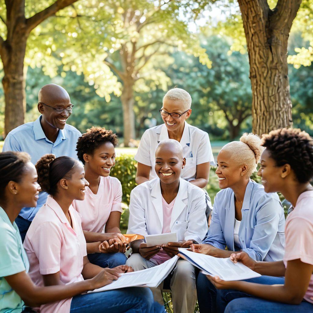 A compassionate scene depicting a diverse group of cancer patients and advocates engaged in a supportive discussion. Show warm smiles, a variety of informative resources like brochures and tablets, and an inspiring background of a serene park with sunlight filtering through the trees. The atmosphere should convey hope and collaboration, emphasizing connection and understanding. soft-focus. pastel colors. warm lighting.